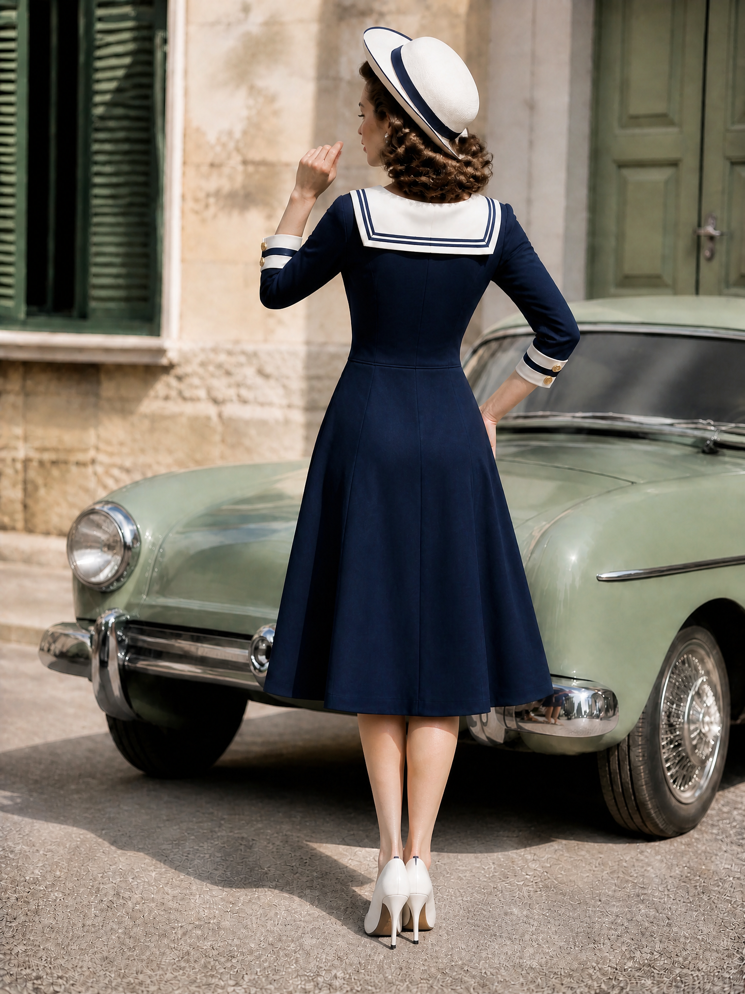 Nautical Navy Sailor Collar Gold Double-Breasted Midi Dress
