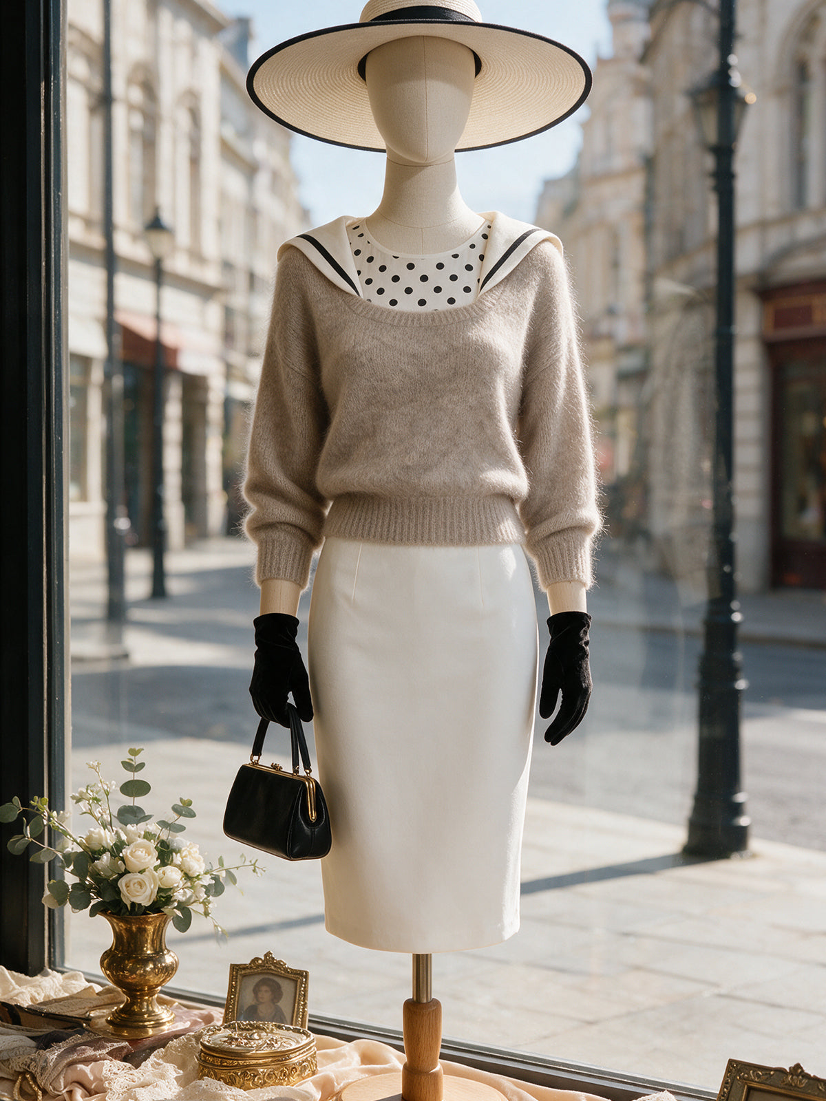 Vintage Beige Sailor-Collar Fuzzy Mohair Knit Sweater