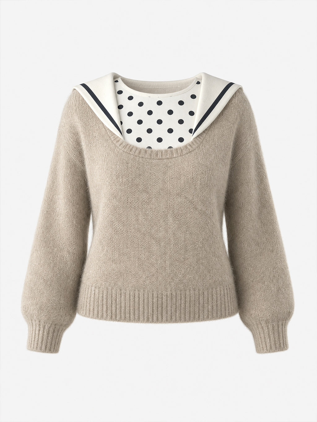 Vintage Beige Sailor-Collar Fuzzy Mohair Knit Sweater