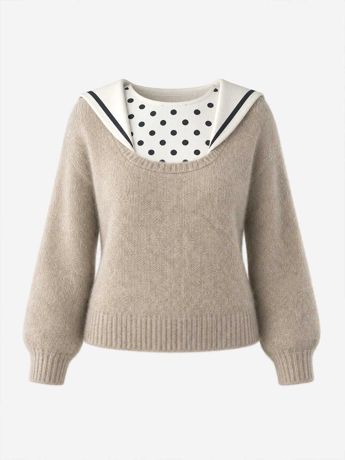 Vintage Beige Sailor-Collar Fuzzy Mohair Knit Sweater