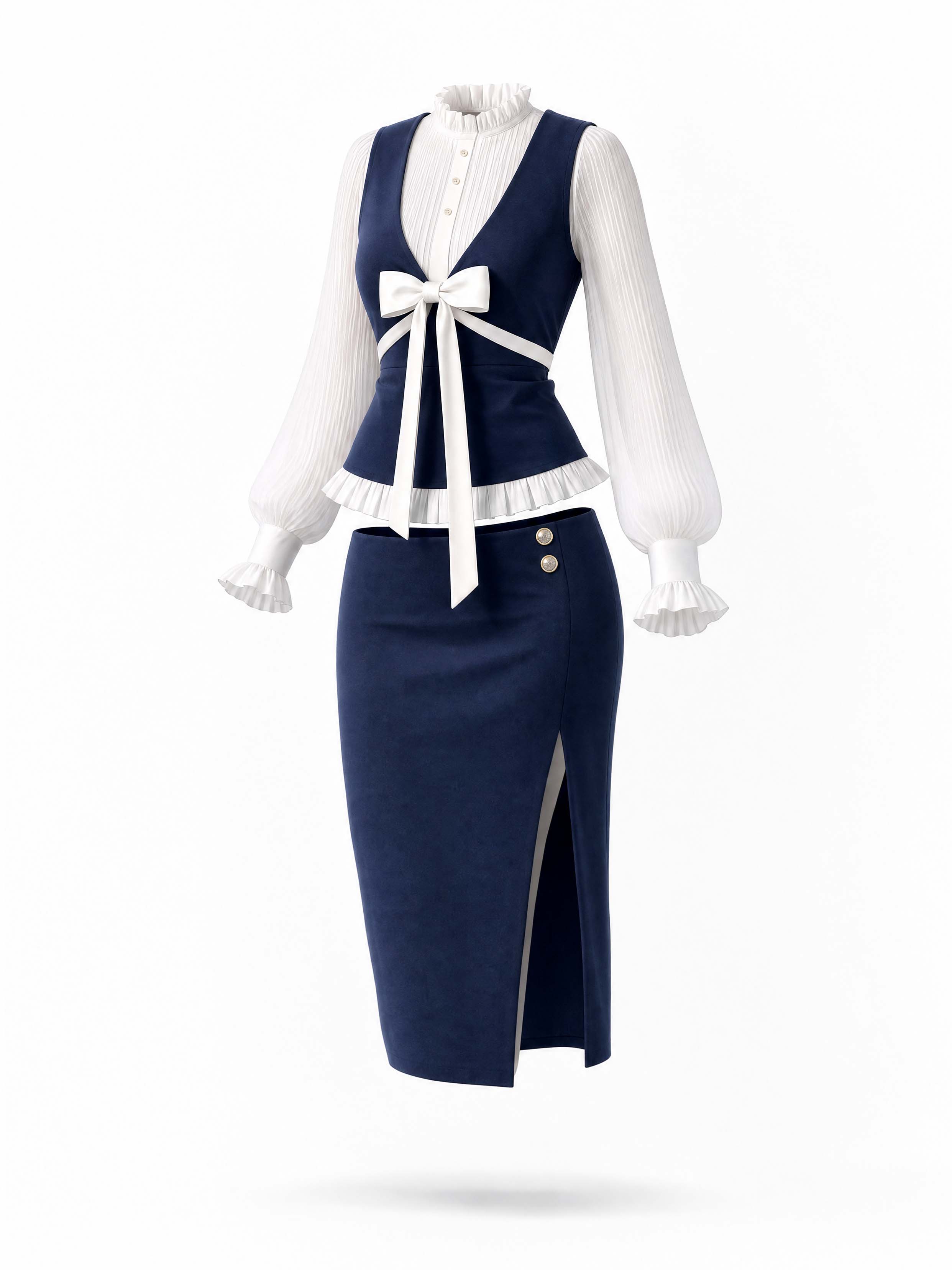 Vintage Bow Vest Midi Skirt Outfit
