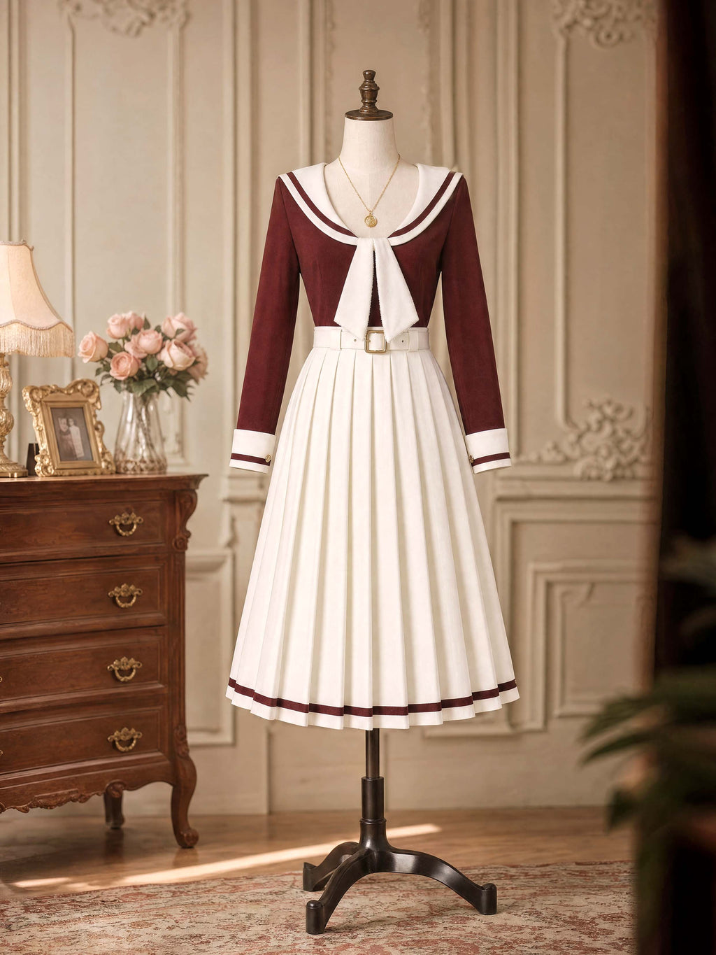 Vintage Contrast Trim Midi Dress