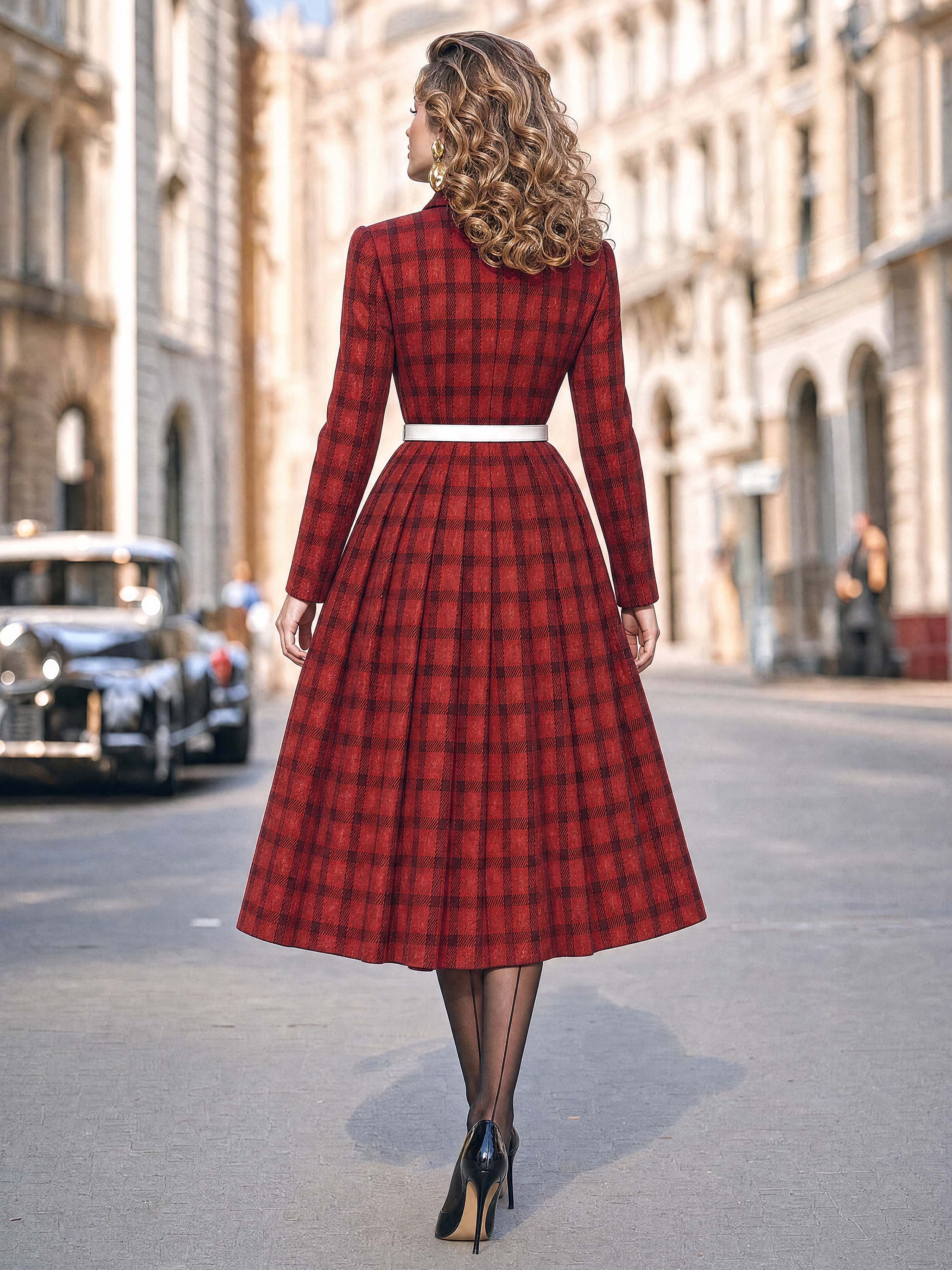 Vintage Plaid Collared Midi Dress