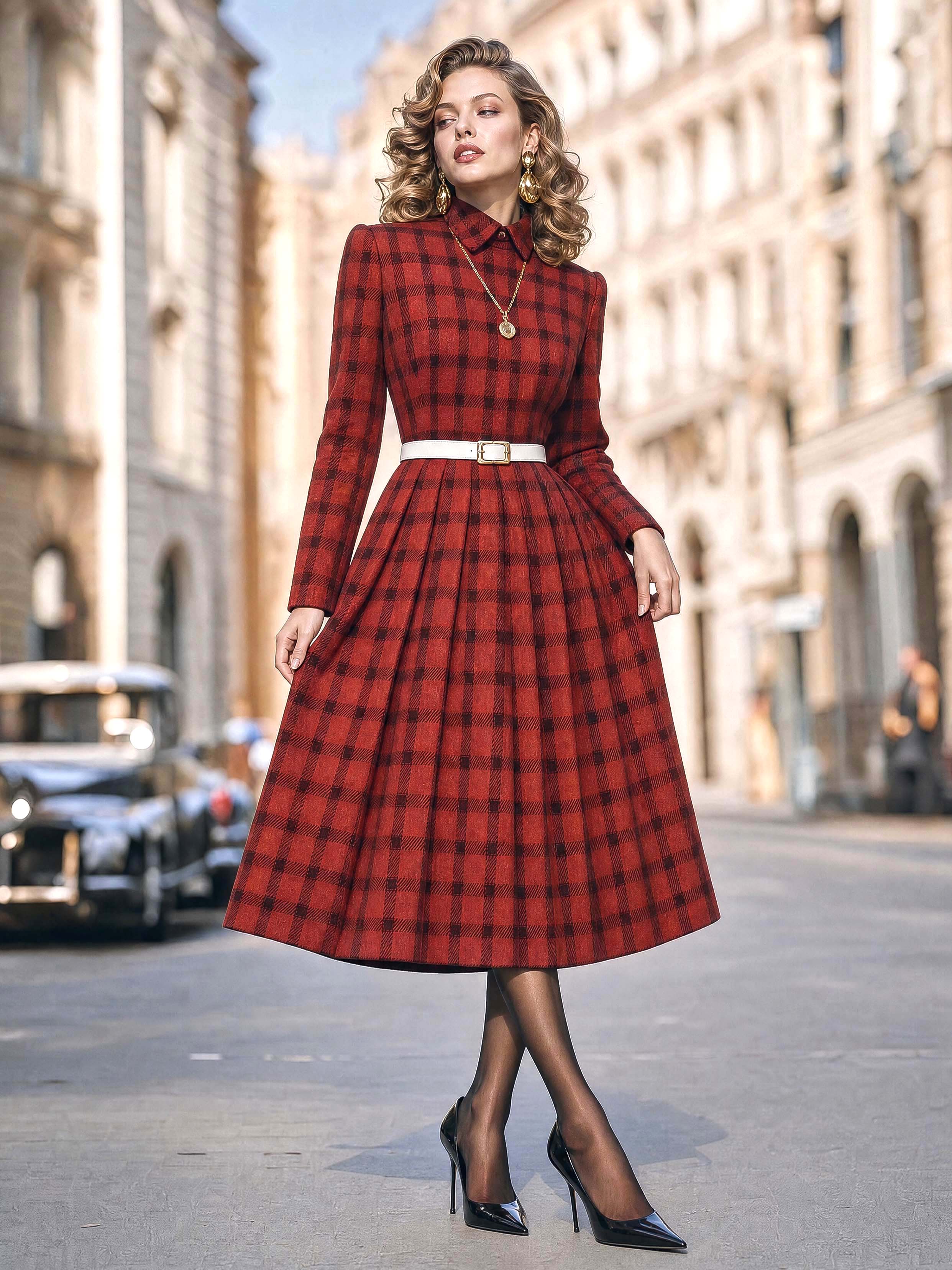 Vintage Plaid Collared Midi Dress