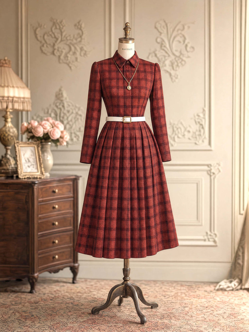 Vintage Plaid Collared Midi Dress