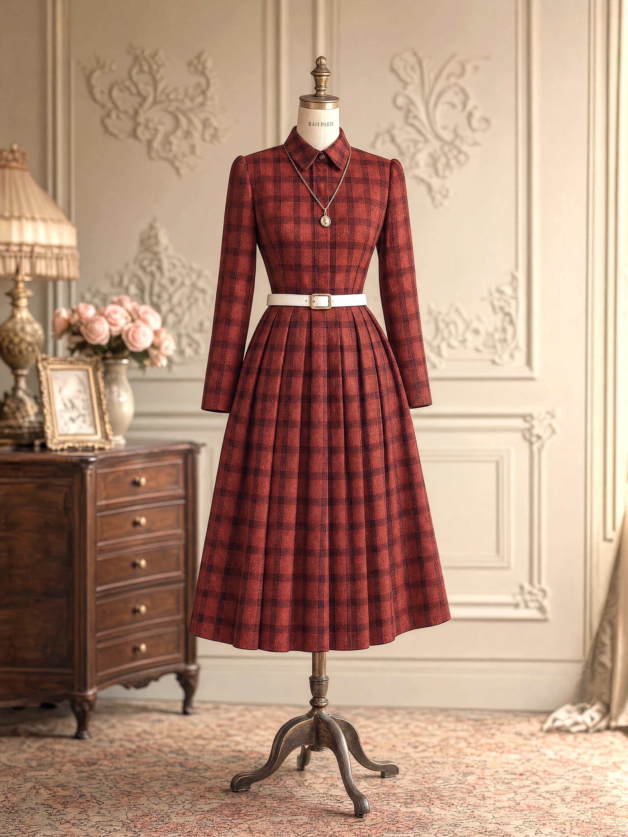 Vintage Plaid Collared Midi Dress