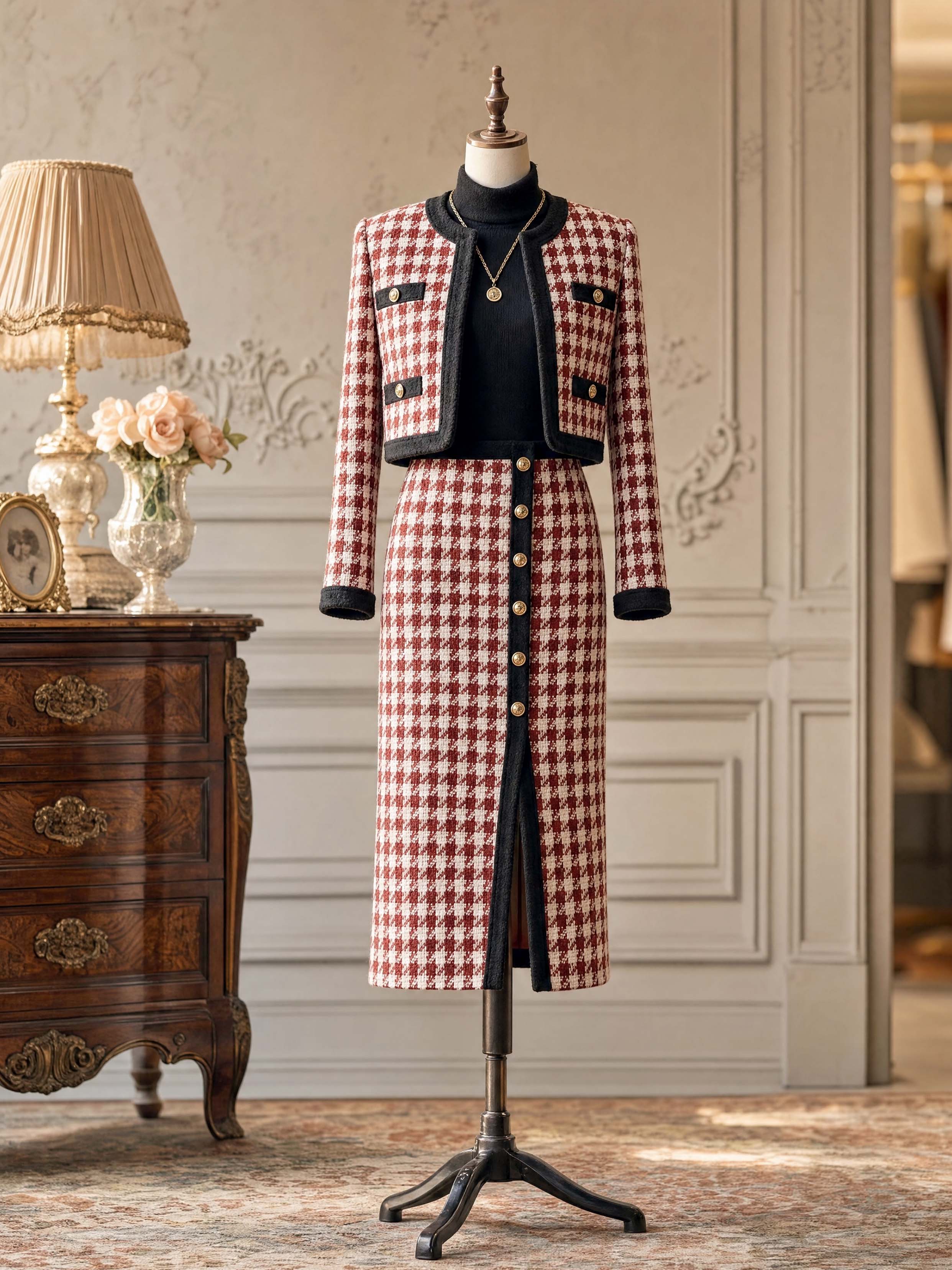 Vintage Houndstooth Midi Skirt
