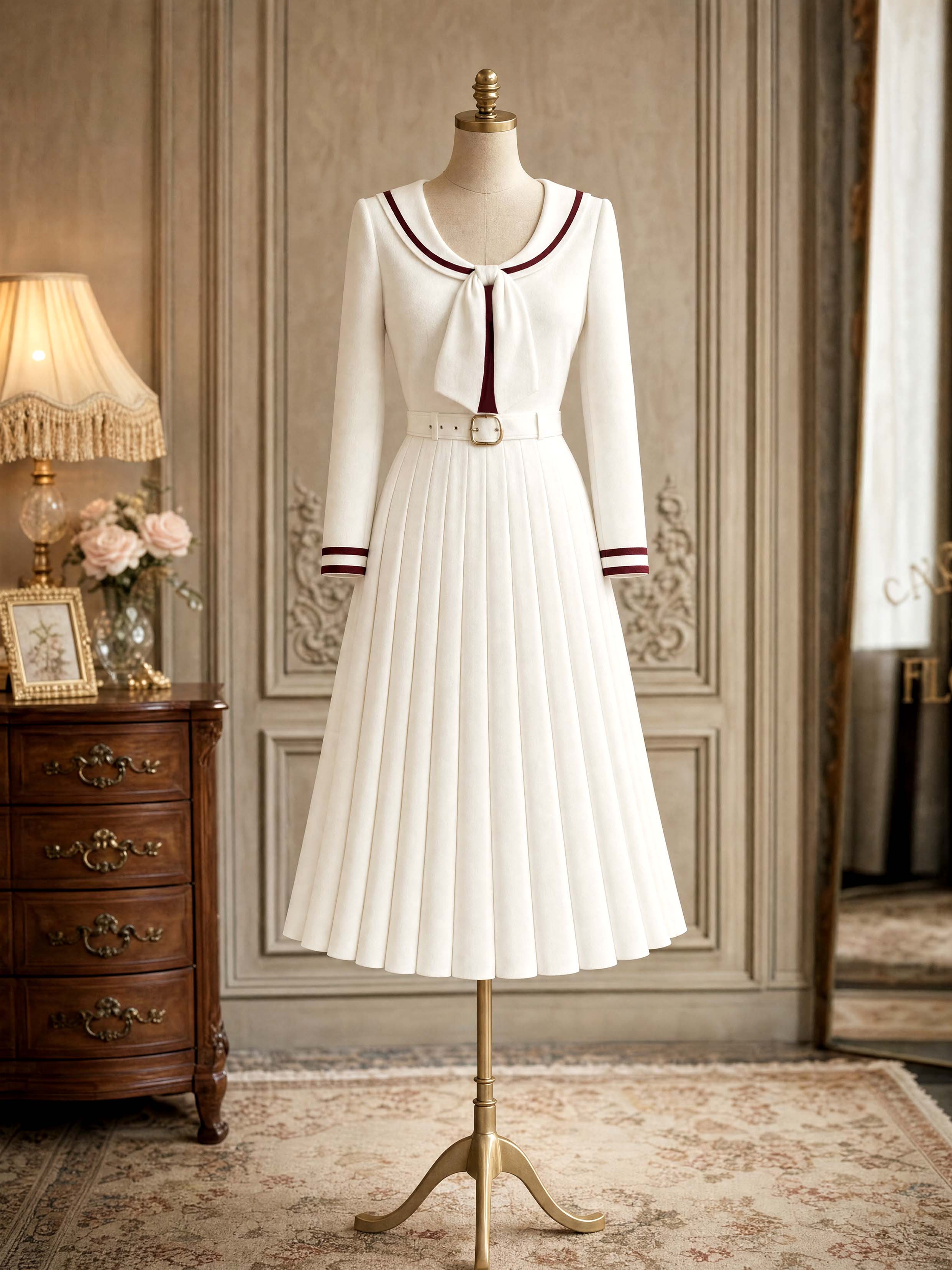 Classic Vintage Pleated Midi Dress With Belt