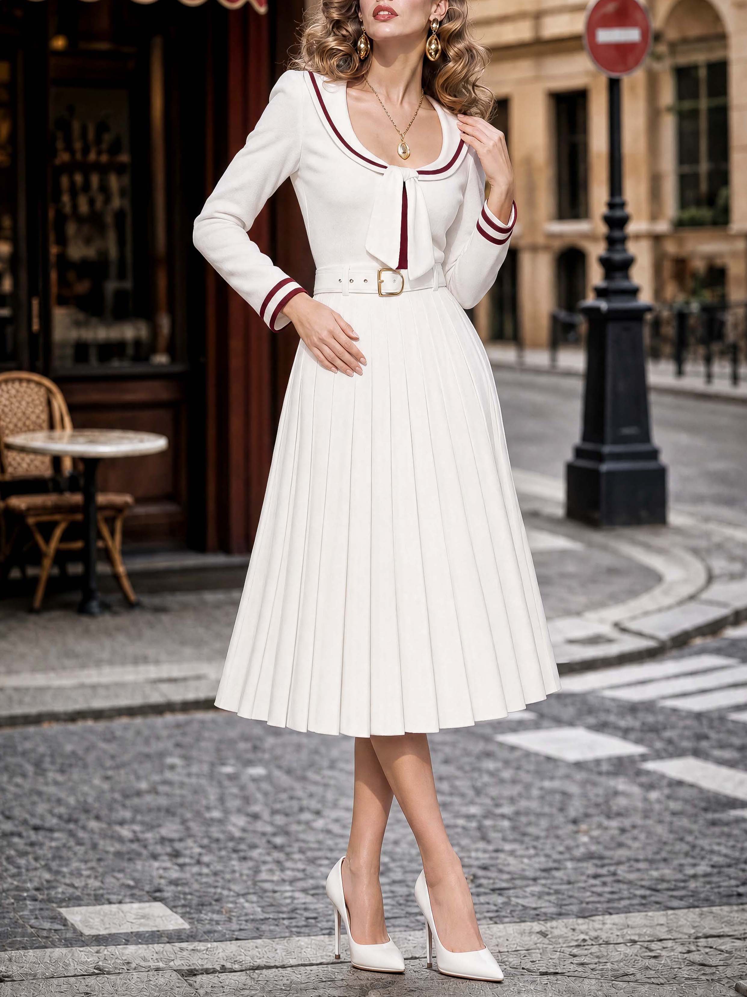 Classic Vintage Pleated Midi Dress With Belt
