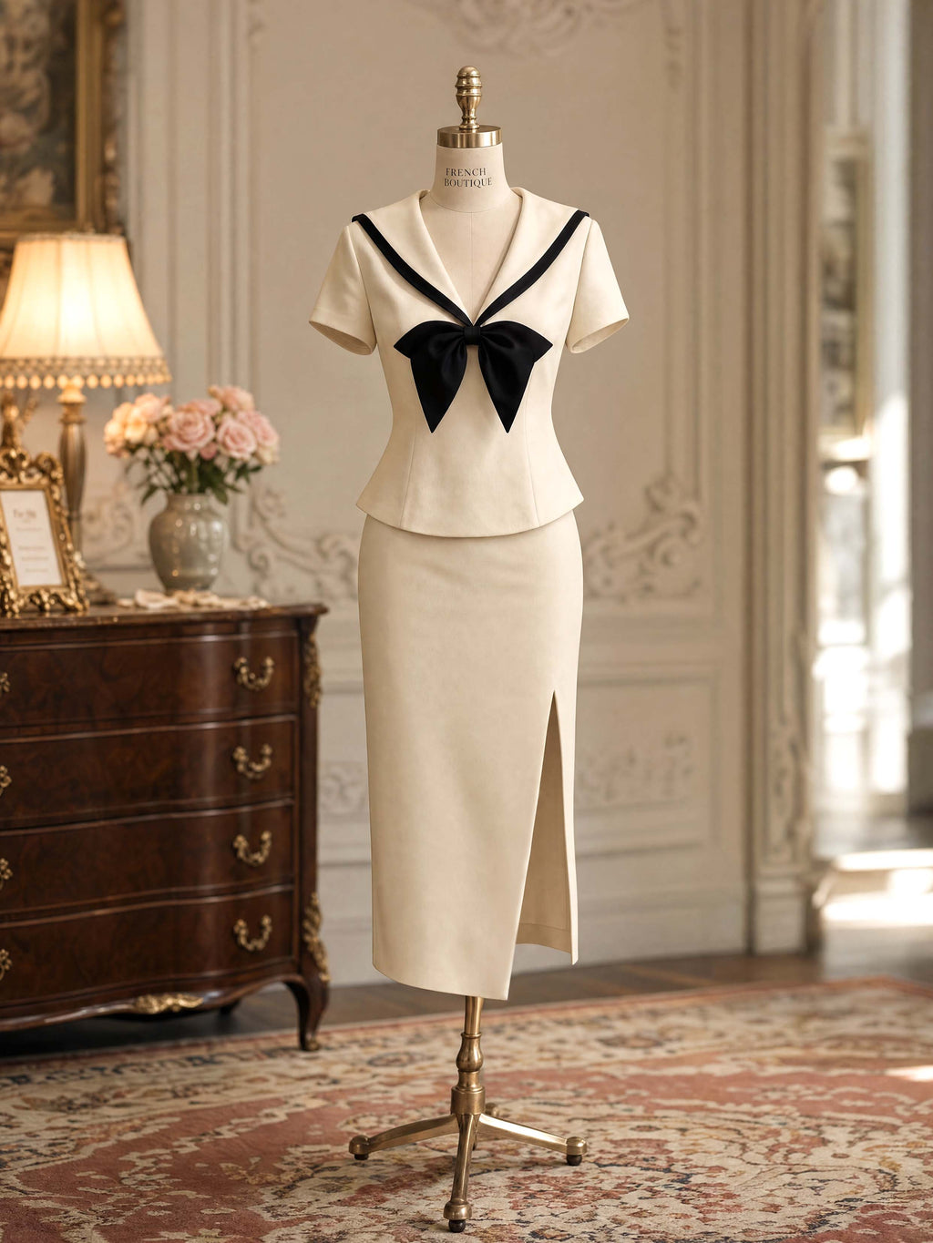 Vintage Noir Bow Midi Co‑Ord Set