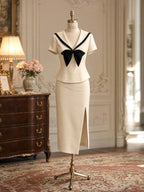 Vintage Noir Bow Midi Co‑Ord Set