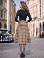 Vintage Retro Plaid Trim Long Sleeve Top