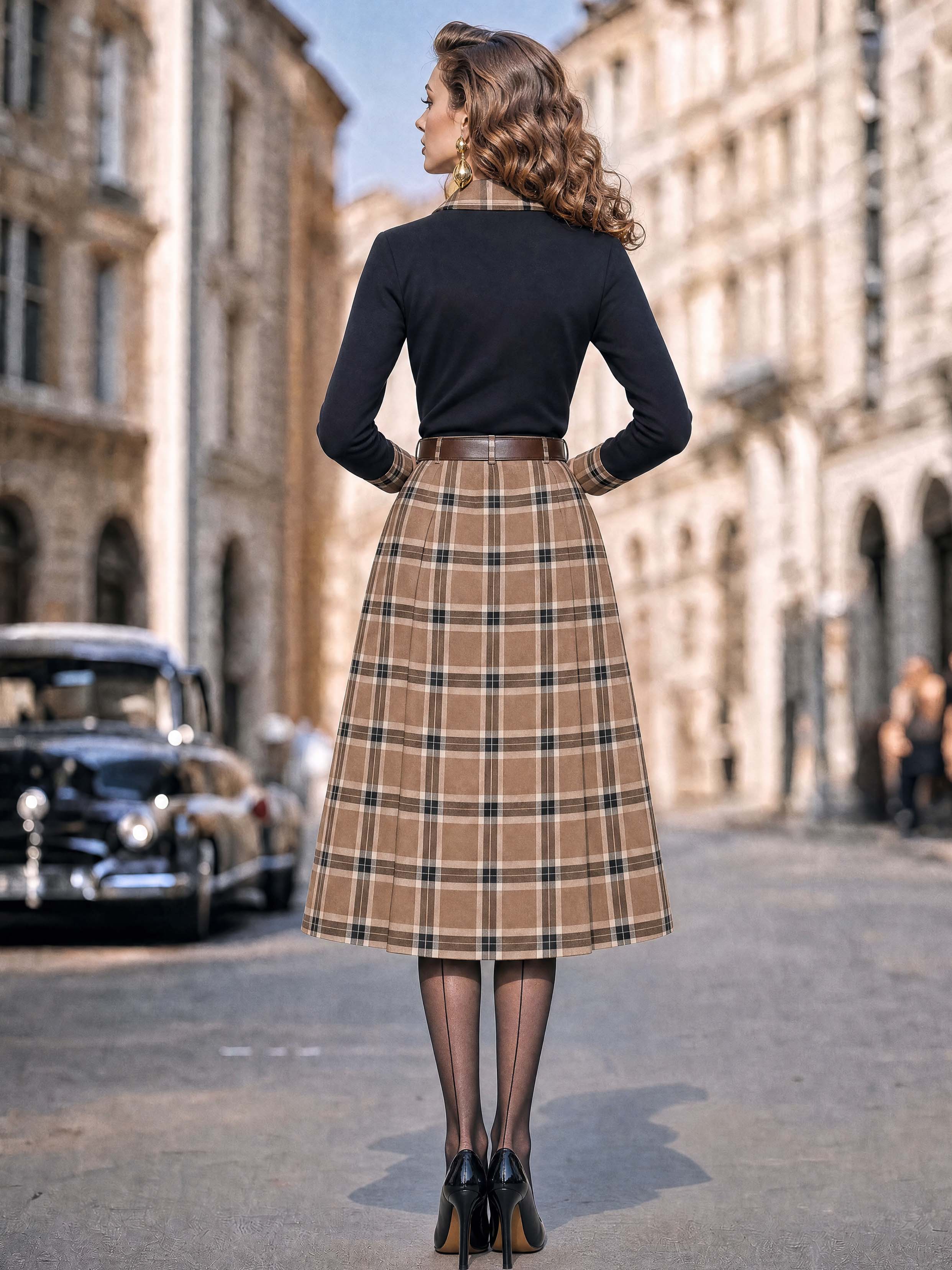 Vintage Retro Plaid Trim Long Sleeve Top