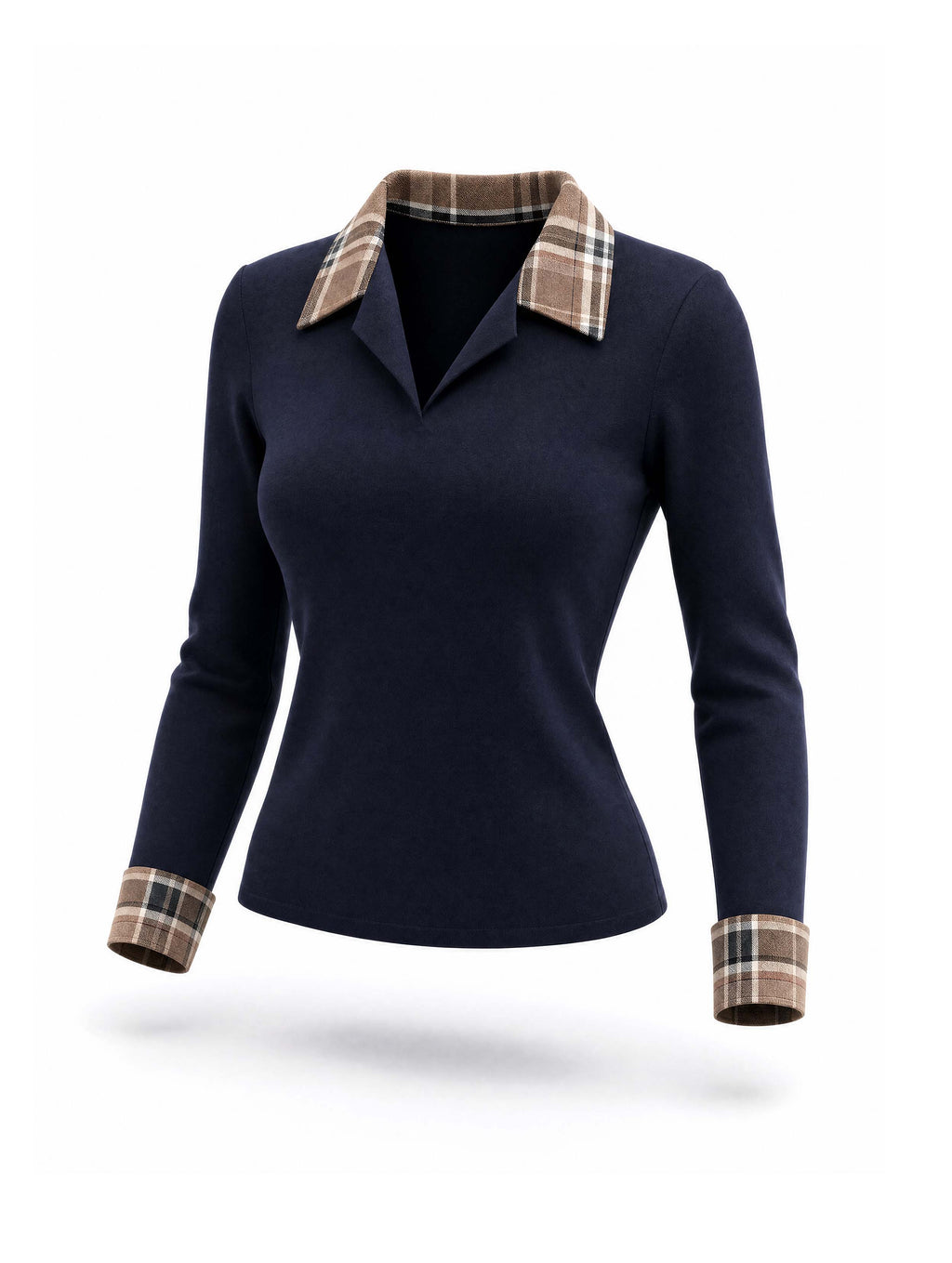 Vintage Retro Plaid Trim Long Sleeve Top