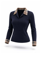 Vintage Retro Plaid Trim Long Sleeve Top