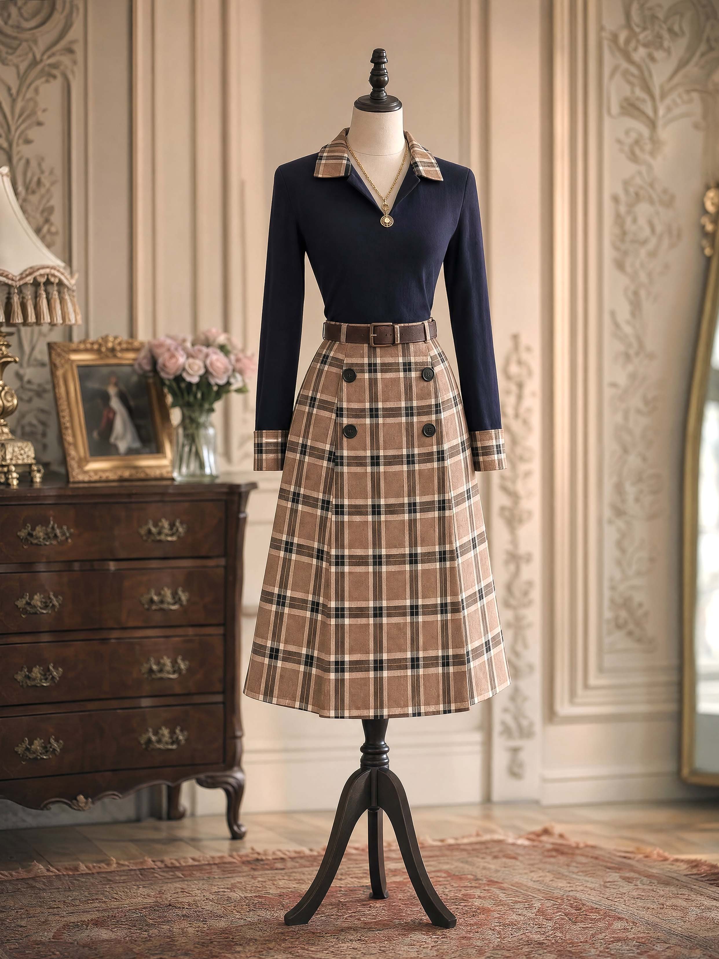 Vintage Plaid Midi Button Skirt