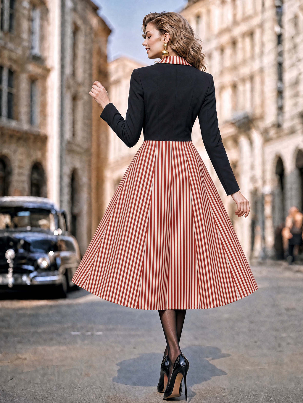 Vintage Contrast Lapel Midi Dress