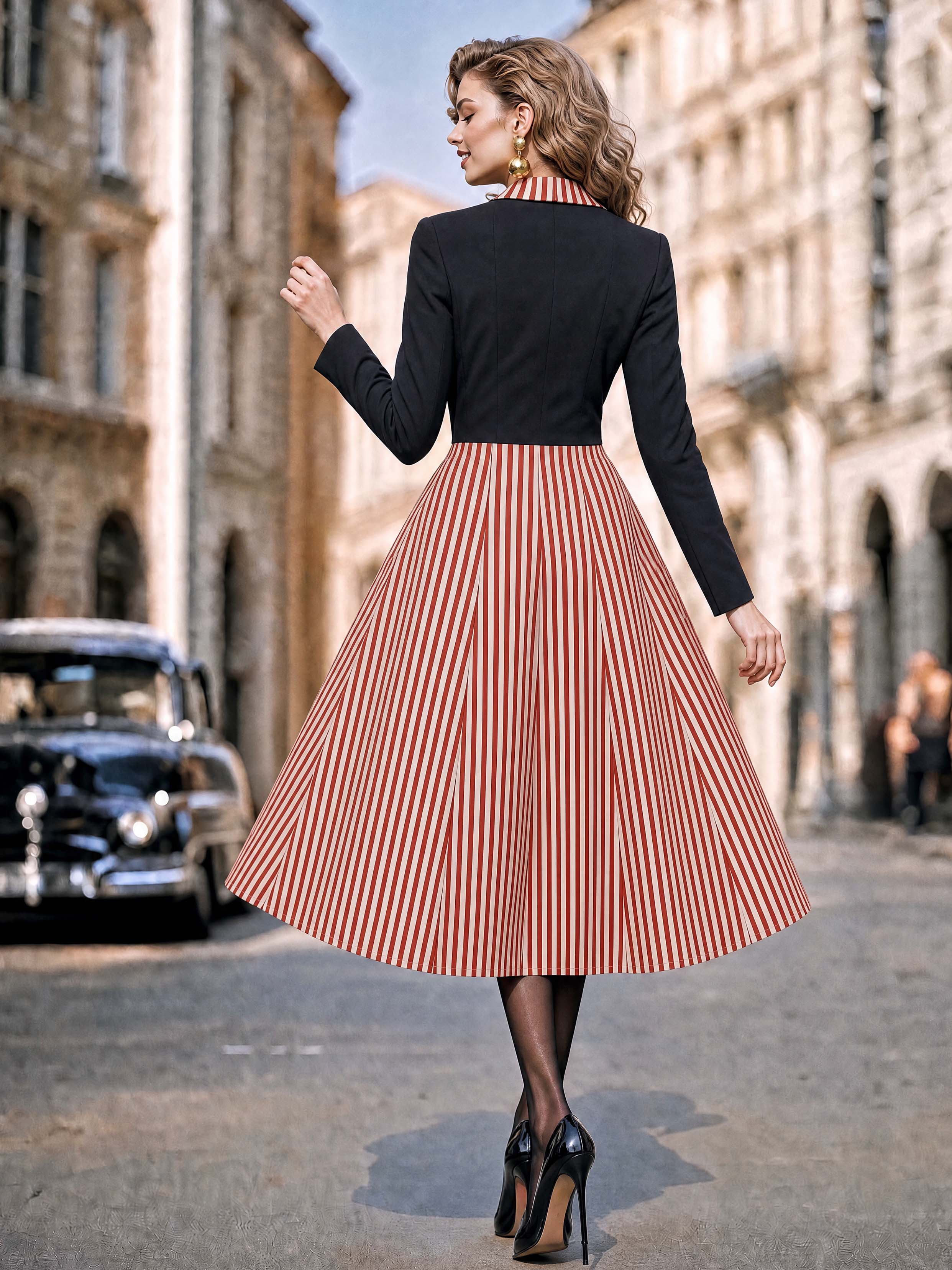 Vintage Contrast Lapel Midi Dress
