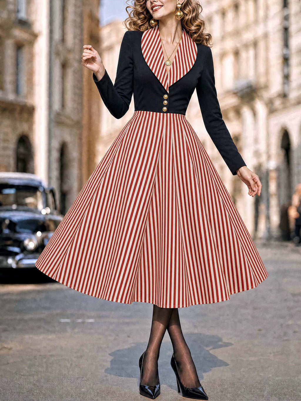 Vintage Contrast Lapel Midi Dress