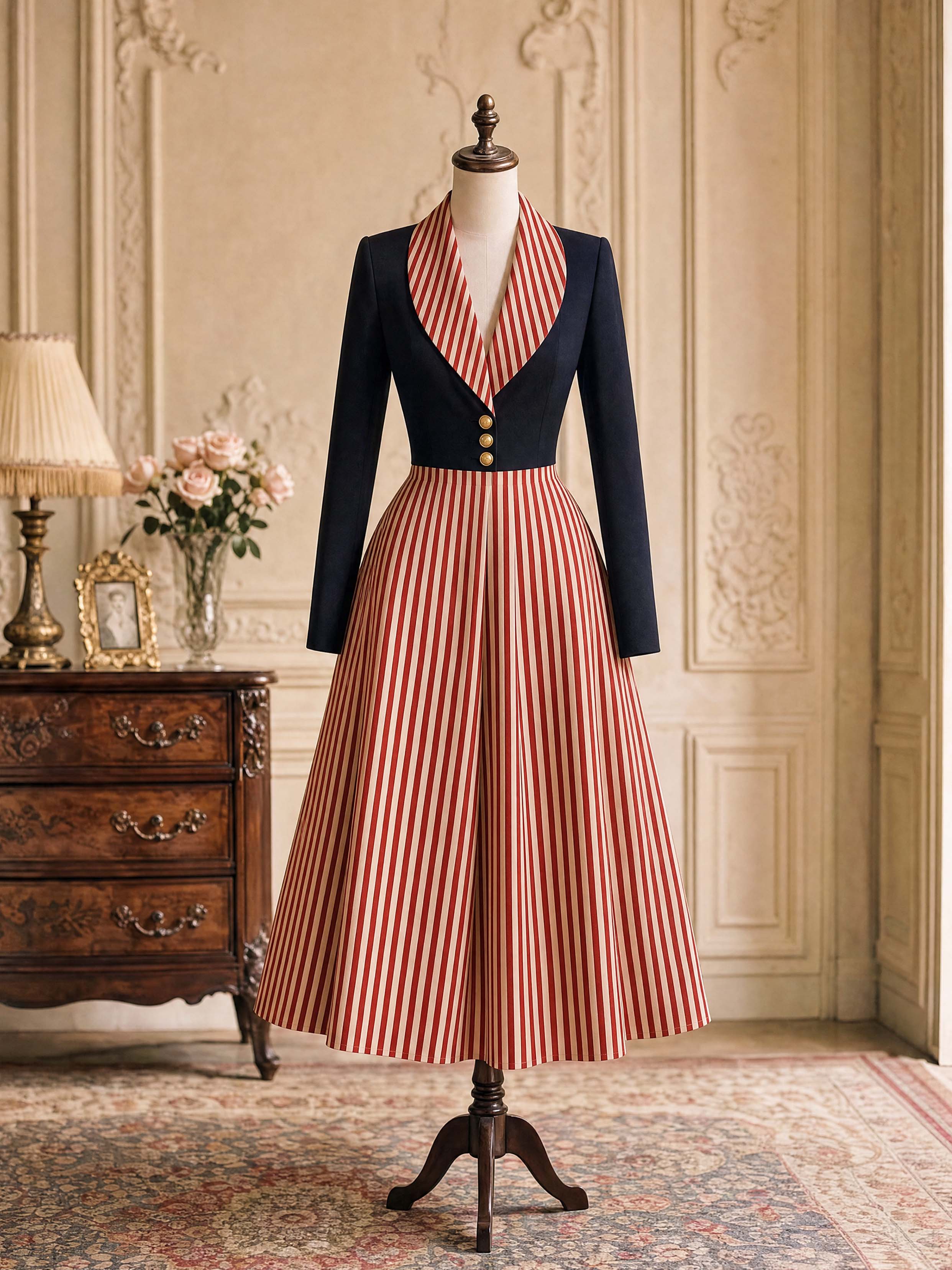 Vintage Contrast Lapel Midi Dress