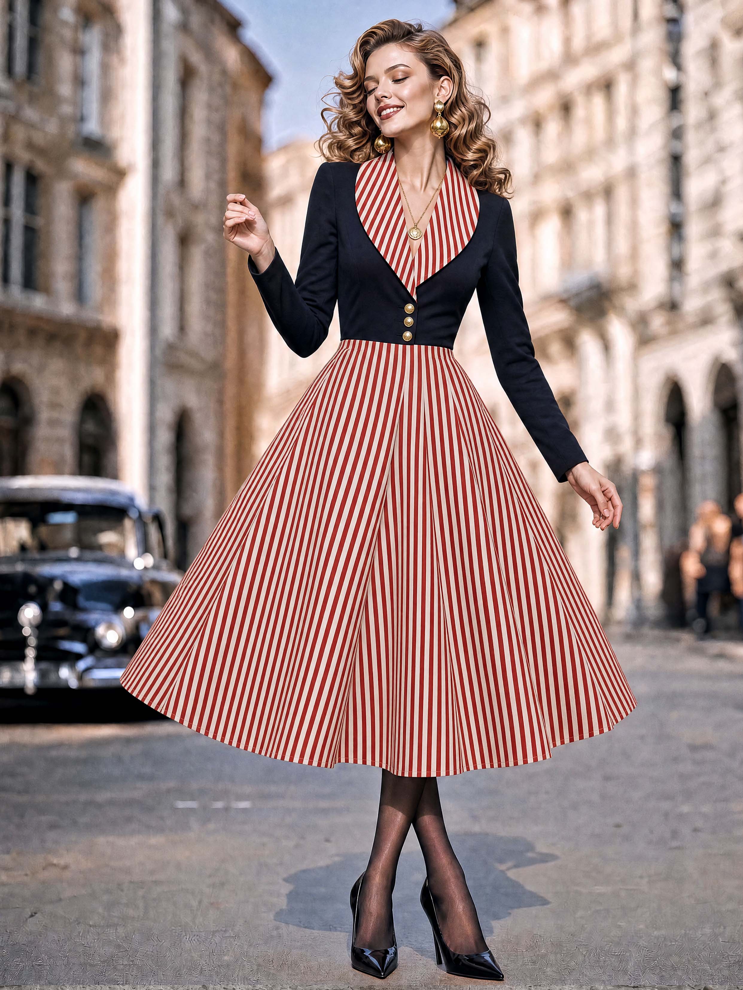 Vintage Contrast Lapel Midi Dress