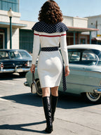 Vintage White Navy Polka-Dot Sailor-Collar Knit Dress