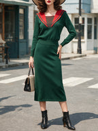 Vintage Green Red Sailor-Collar Knit Top Skirt Set