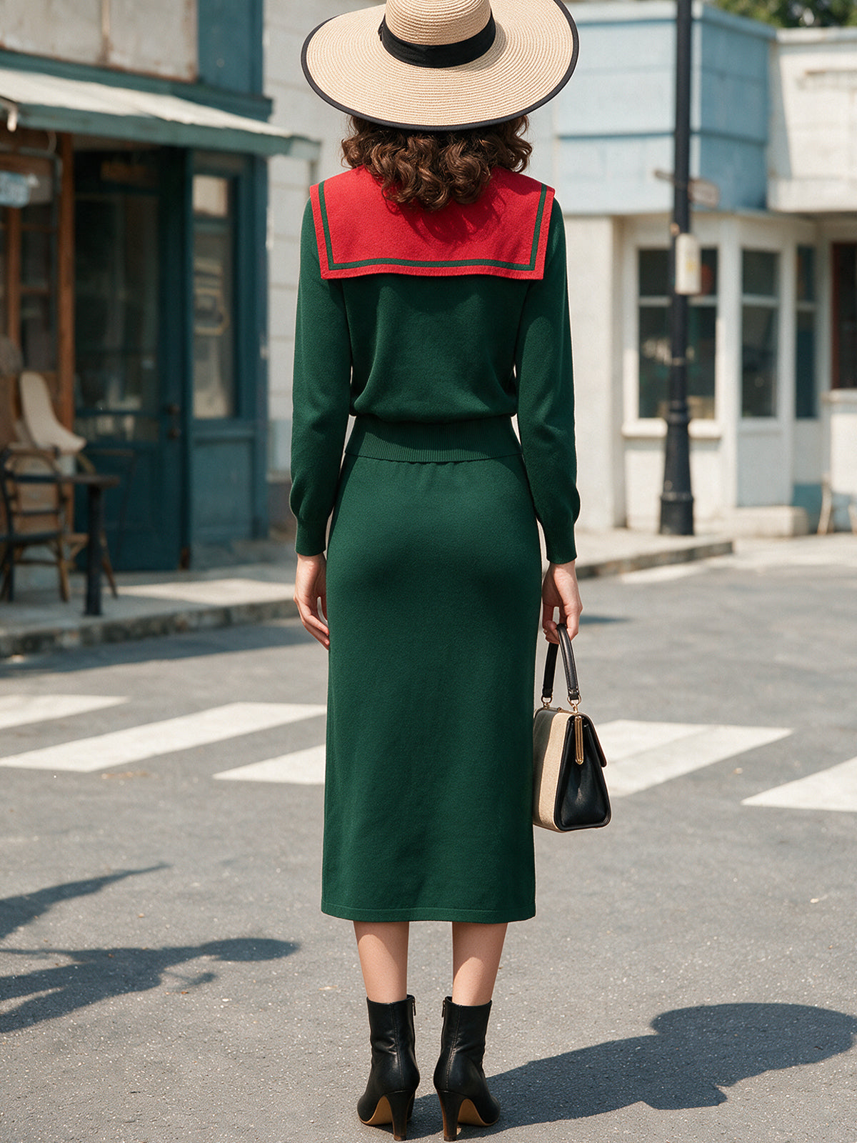 Vintage Green Red Sailor-Collar Knit Top Skirt Set