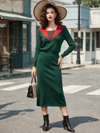 Vintage Green Red Sailor-Collar Knit Top Skirt Set