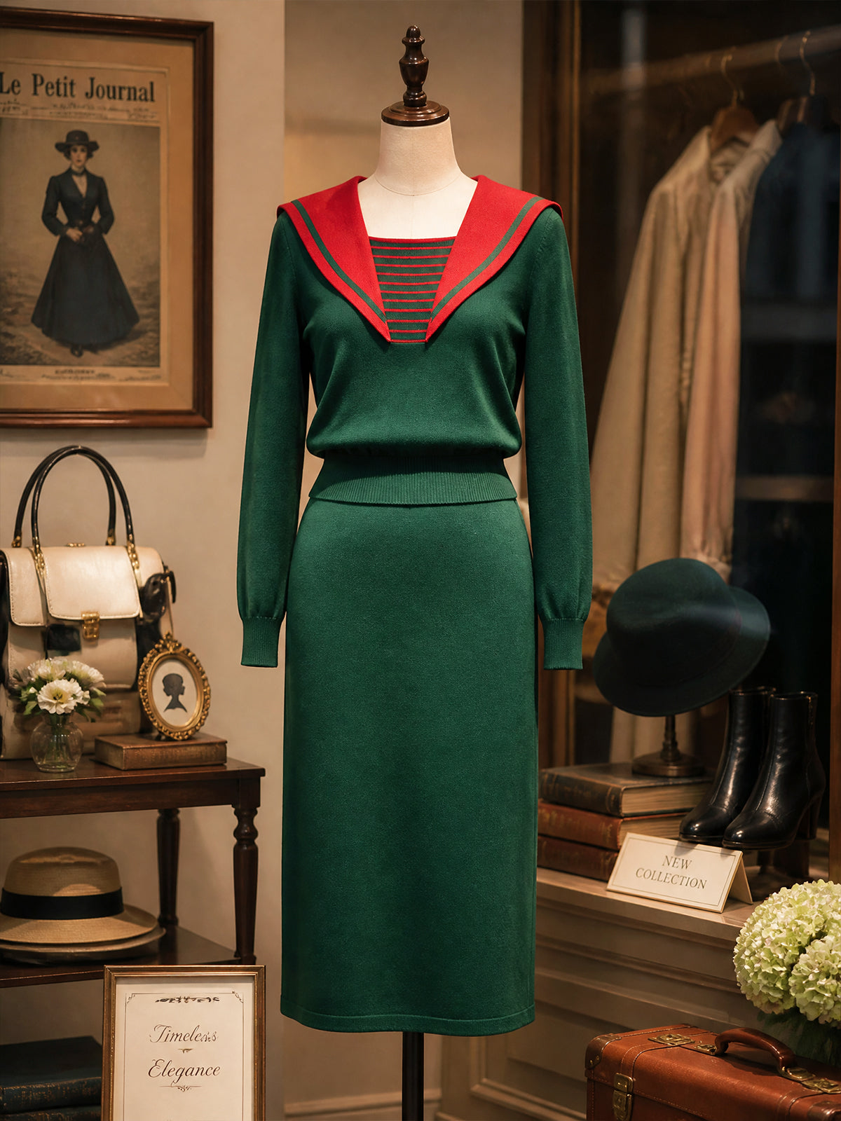 Vintage Green Red Sailor-Collar Knit Top Skirt Set