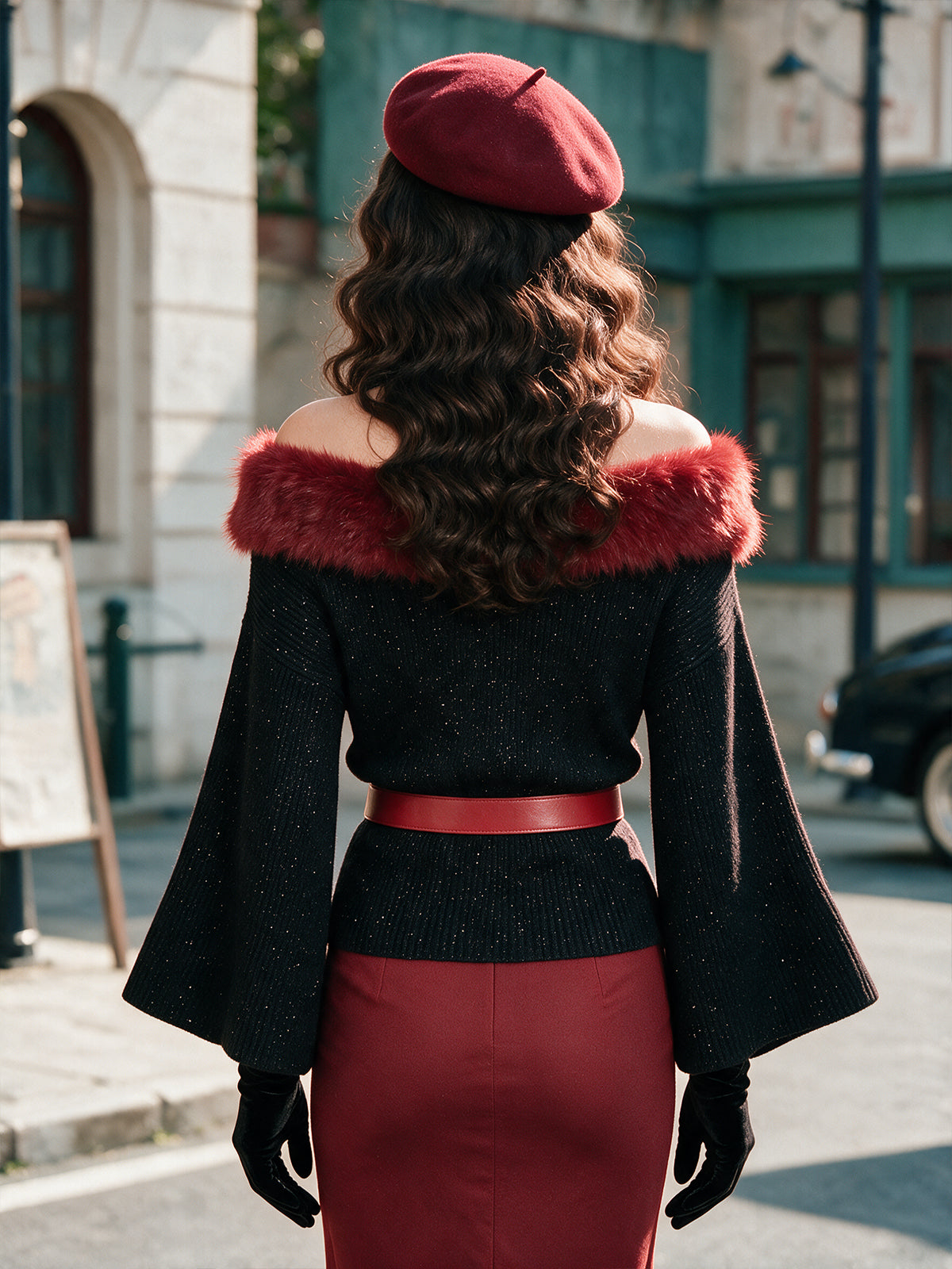 Vintage Black Red Fur-Collar Off-Shoulder Bell-Sleeve Sweater