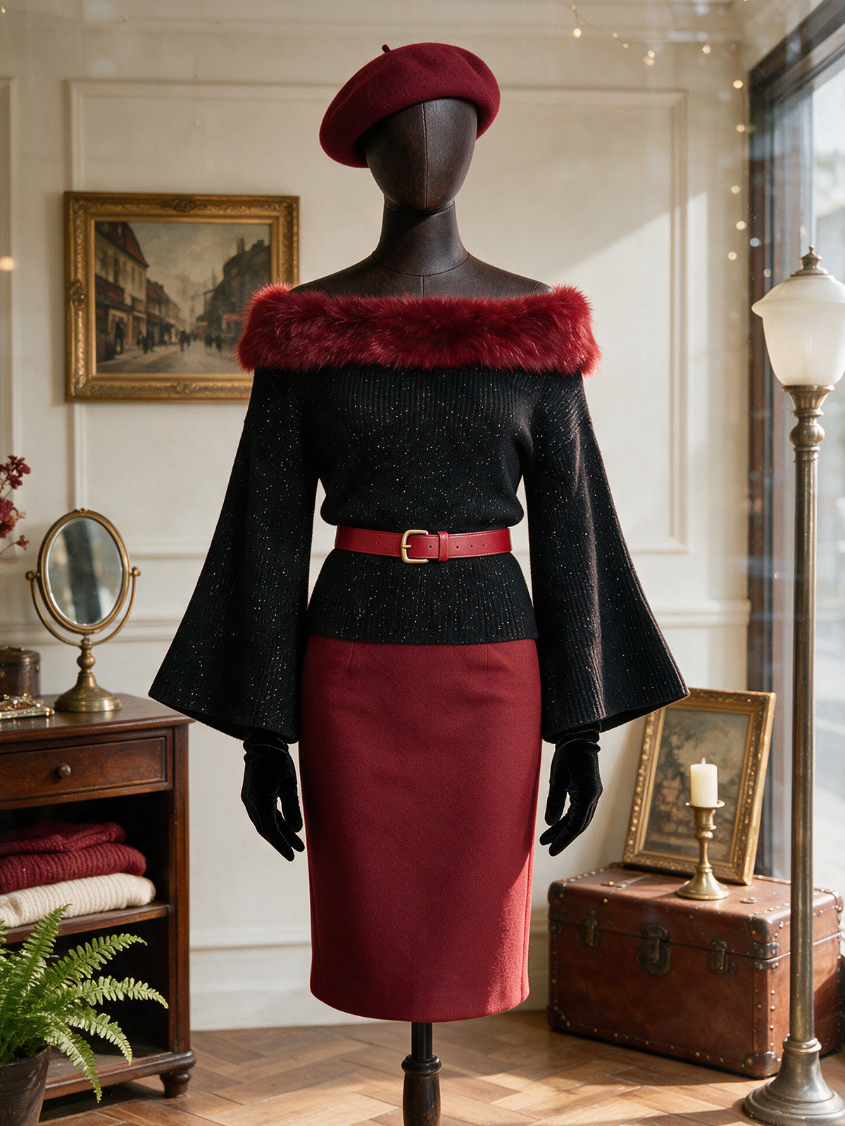 Vintage Black Red Fur-Collar Off-Shoulder Bell-Sleeve Sweater