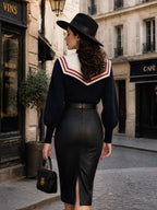 Vintage Navy Sailor-Collar Gold-Button Ribbed Knit Sweater