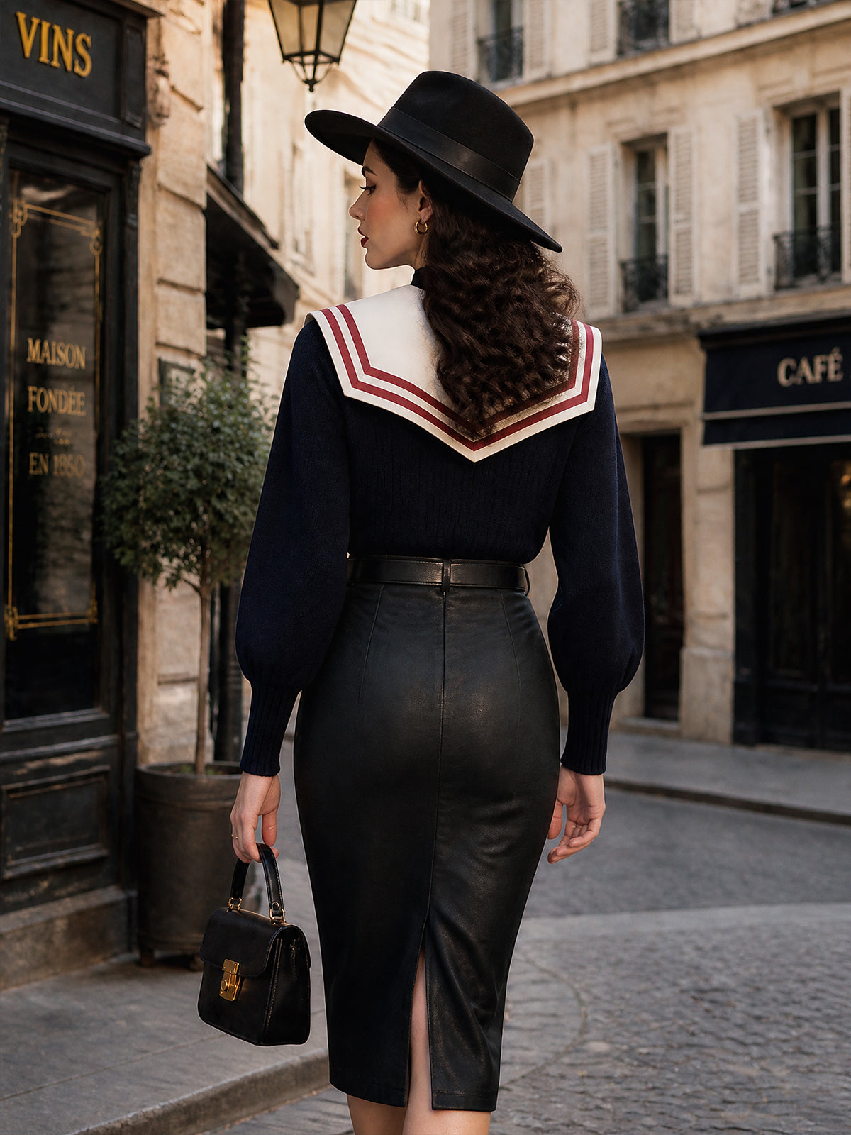 Vintage Navy Sailor-Collar Gold-Button Ribbed Knit Sweater