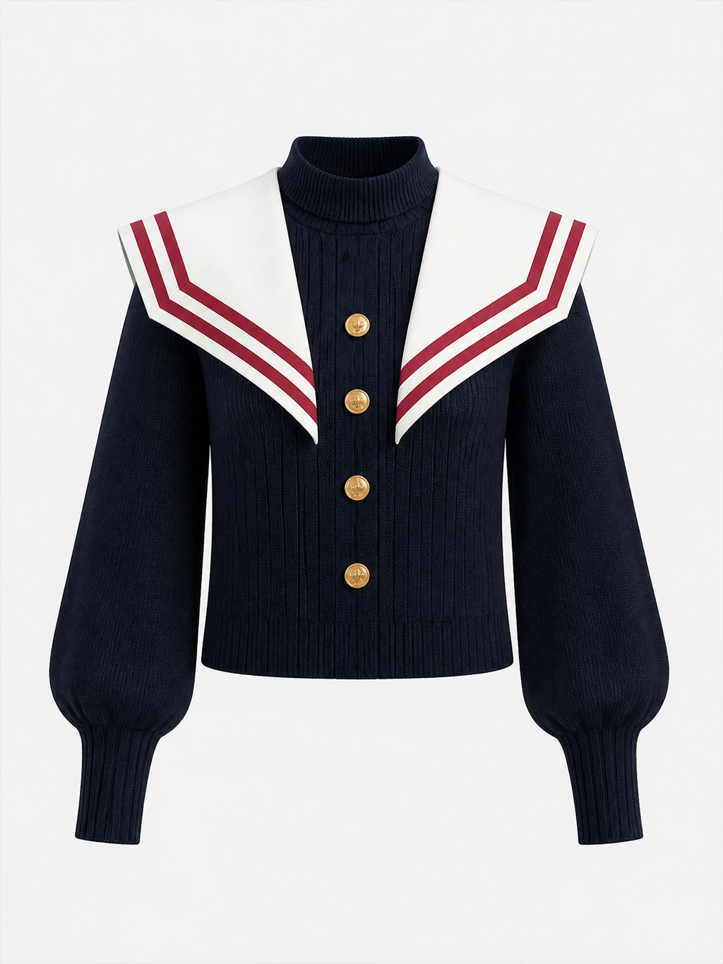 Vintage Navy Sailor-Collar Gold-Button Ribbed Knit Sweater