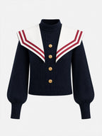 Vintage Navy Sailor-Collar Gold-Button Ribbed Knit Sweater
