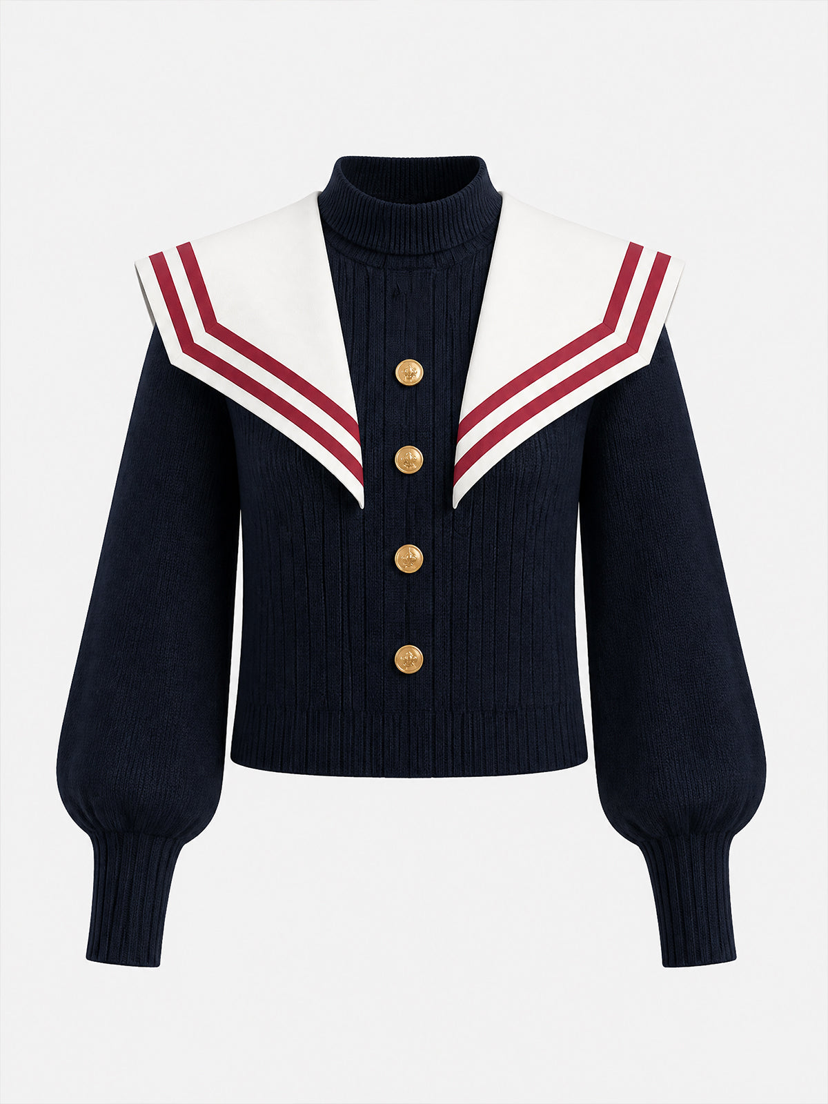 Vintage Navy Sailor-Collar Gold-Button Ribbed Knit Sweater