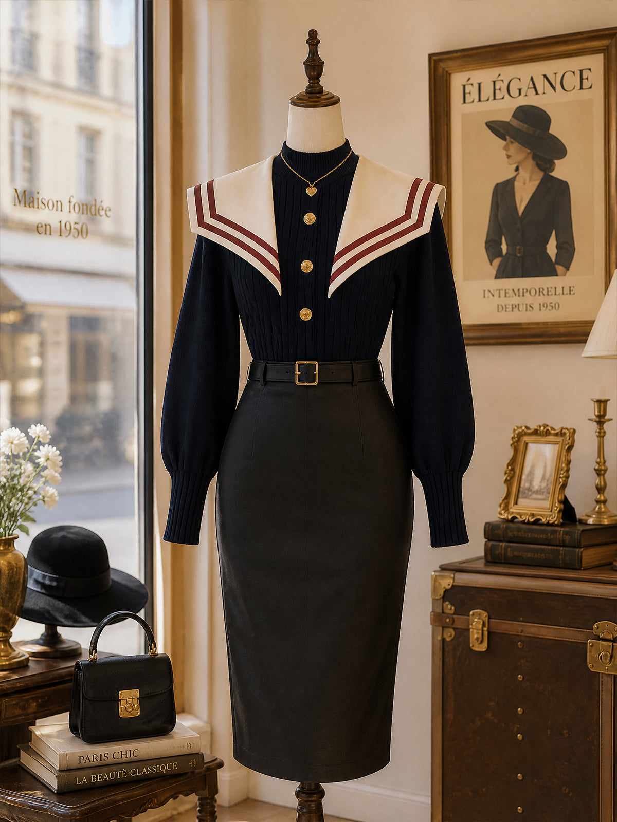 Vintage Navy Sailor-Collar Gold-Button Ribbed Knit Sweater