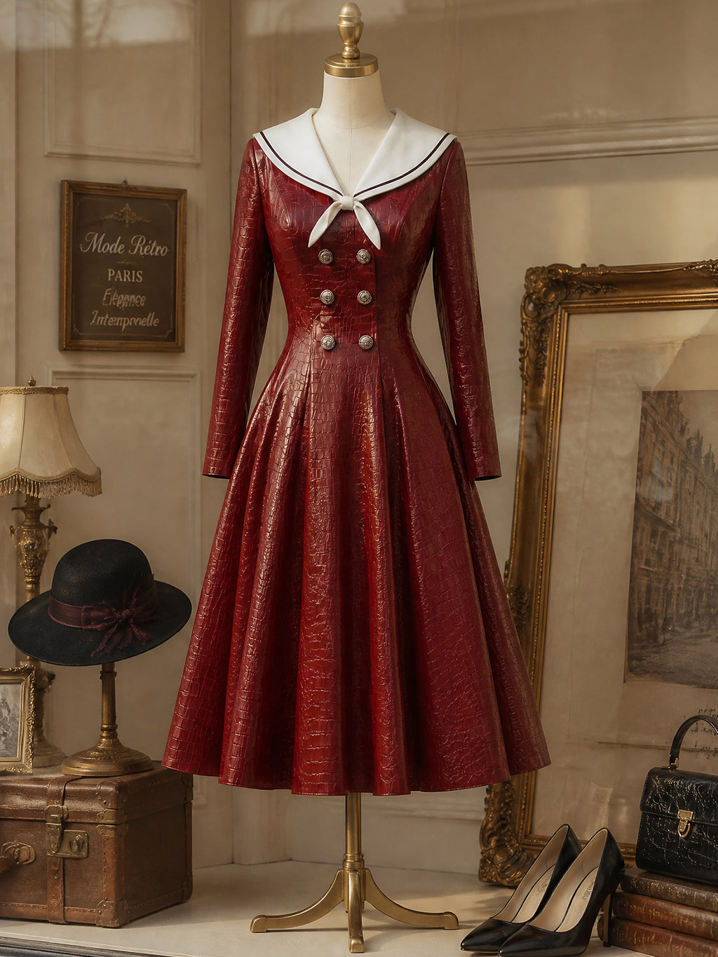 Vintage Red Croc-Leather Sailor-Collar Belted A-Line Dress