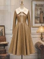Vintage Camel Faux-Fur Collar Bow-Tie Leather Dress