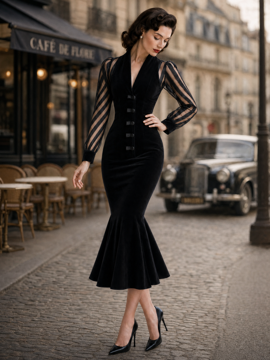 Vintage Striped Spliced Velvet Fishtail Midi Dress
