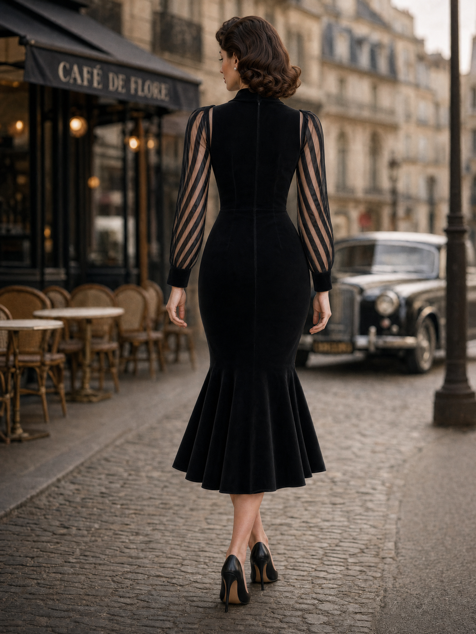 Vintage Striped Spliced Velvet Fishtail Midi Dress