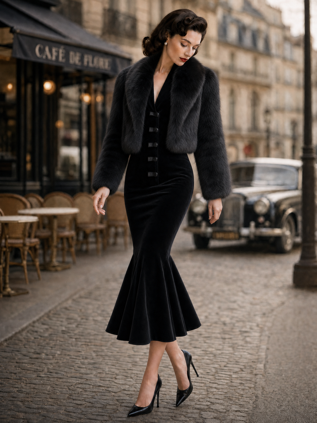 Vintage Striped Spliced Velvet Fishtail Midi Dress