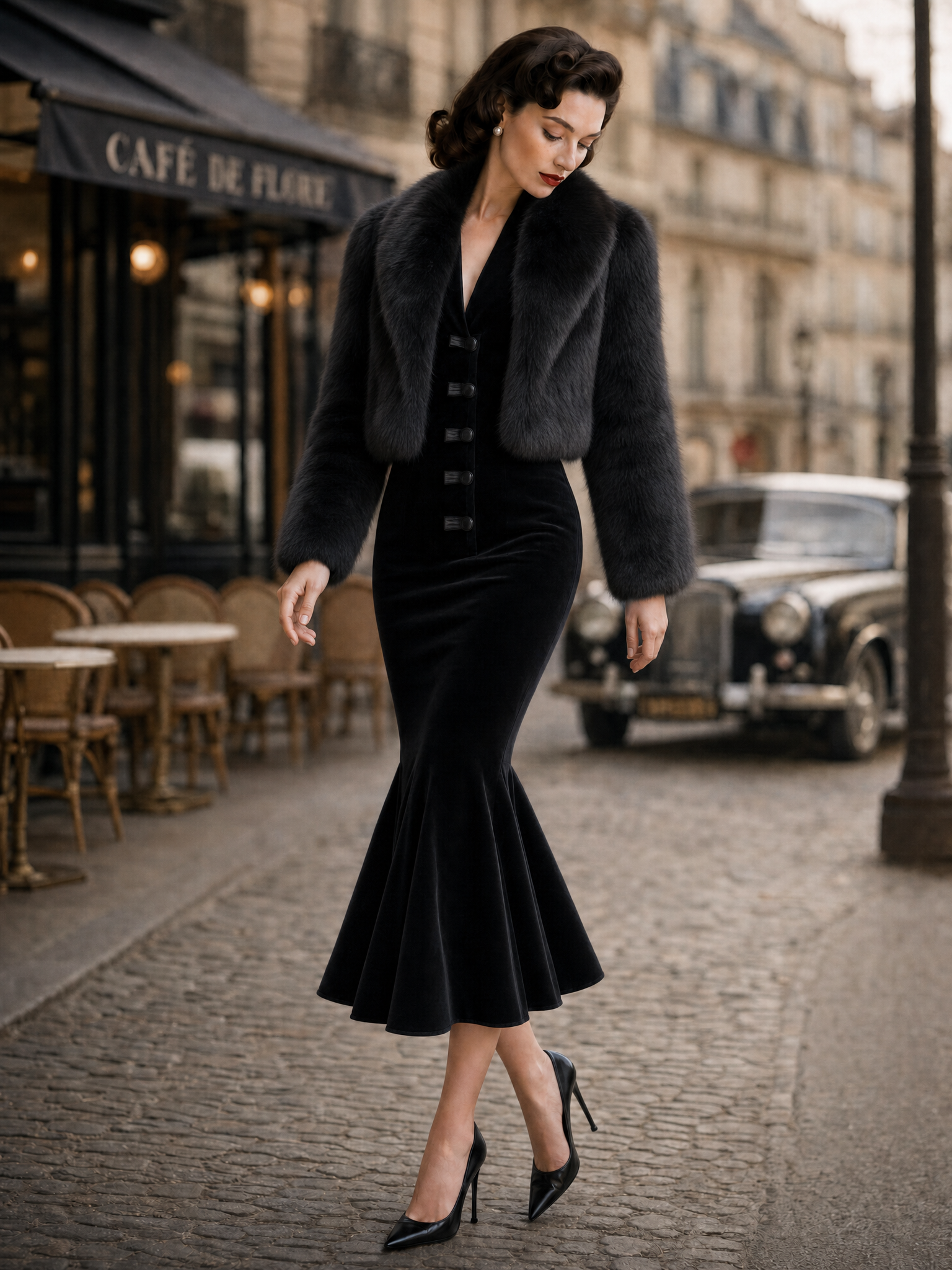Vintage Striped Spliced Velvet Fishtail Midi Dress