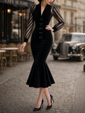 Vintage Striped Spliced Velvet Fishtail Midi Dress