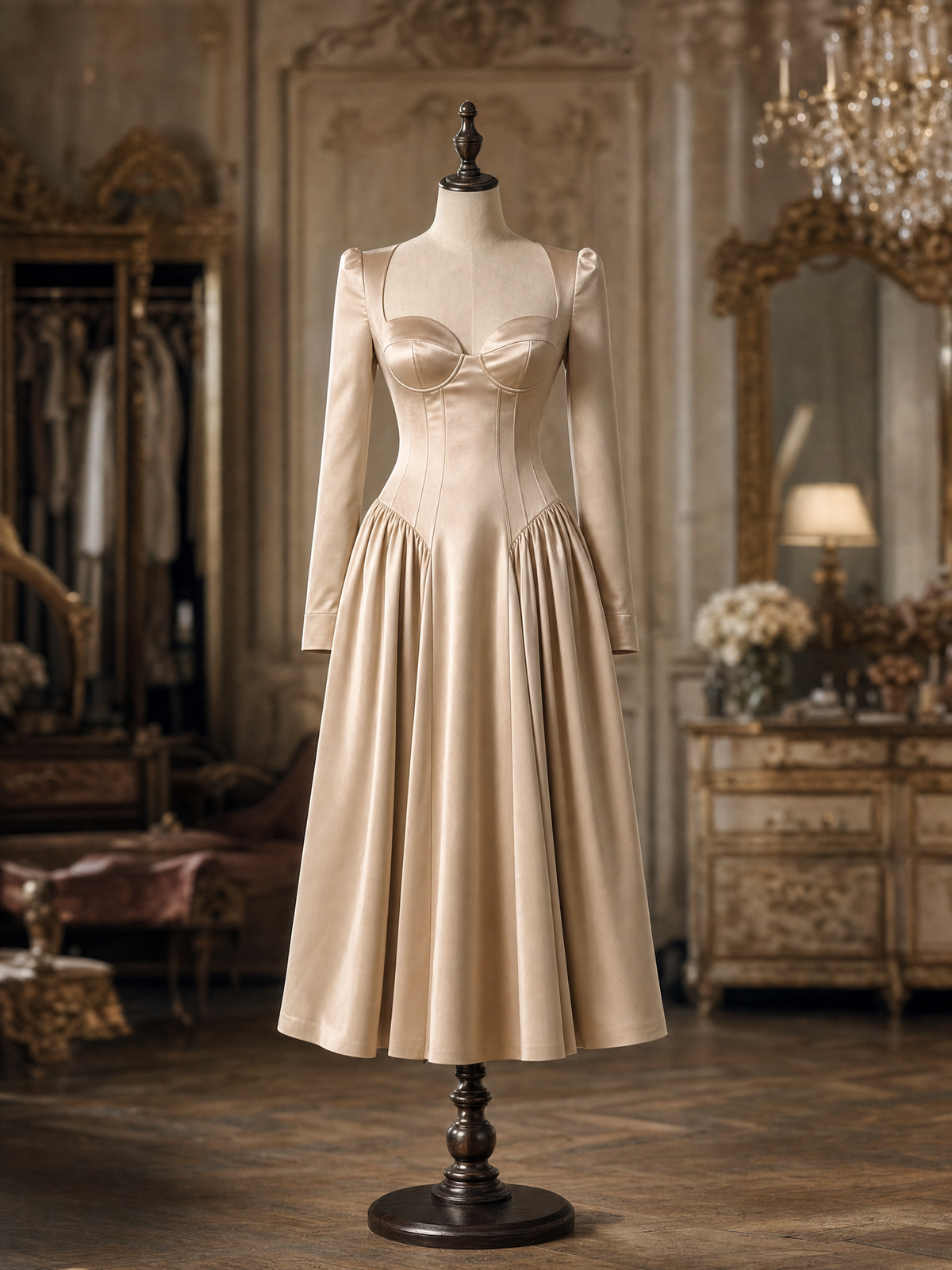 Vintage Sweetheart Corset Long Sleeve Fit And Flare Midi Dress