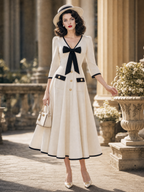 Vintage Black Trim Bow Front V‑Neck A‑Line Midi Dress