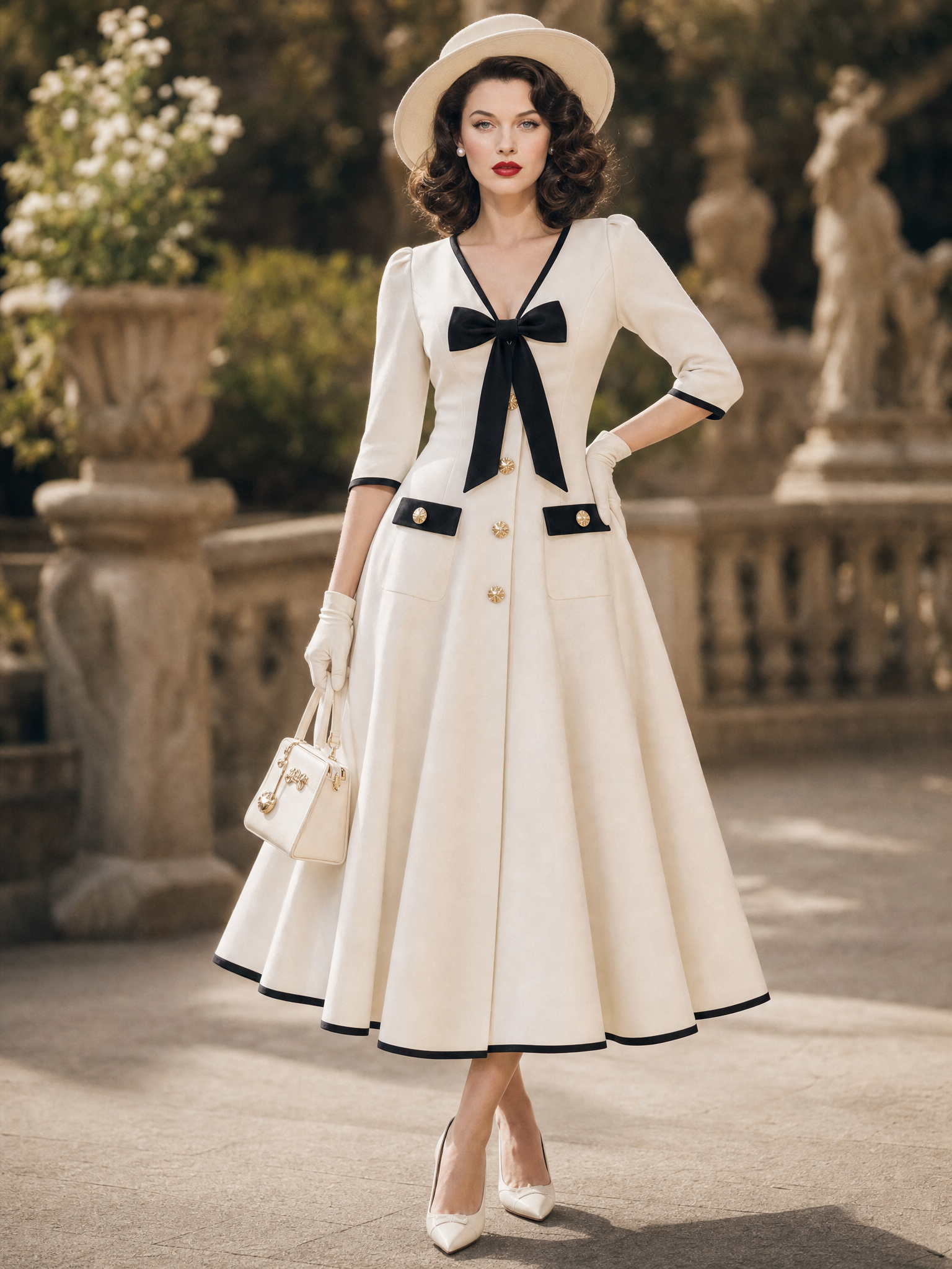 Vintage Black Trim Bow Front V‑Neck A‑Line Midi Dress
