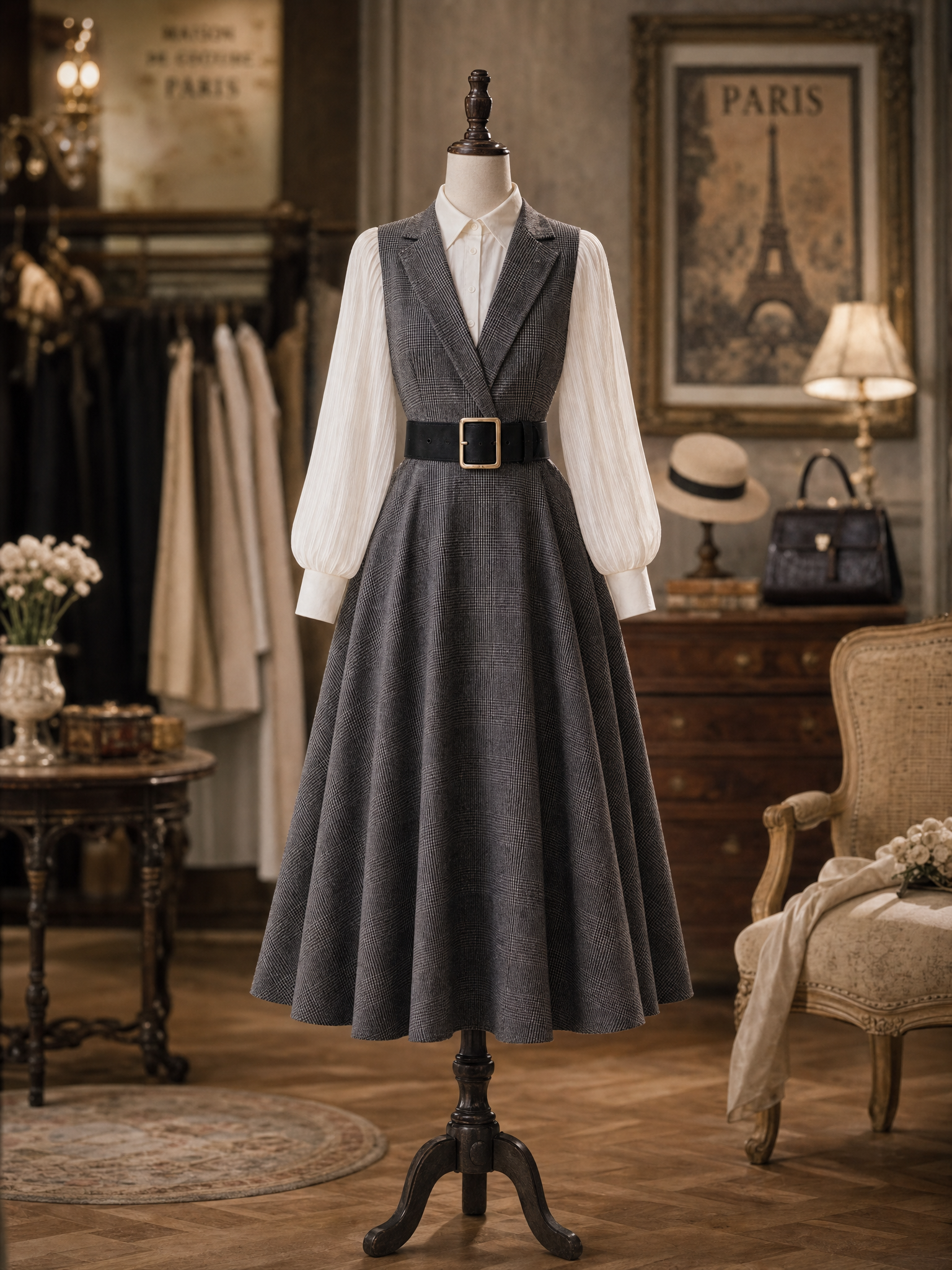 Vintage 1950s Grey Plaid Blazer Collar Fake Two‑Piece Midi Dress
