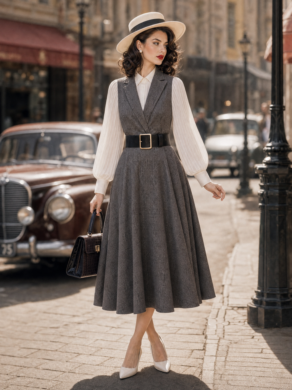 Vintage 1950s Grey Plaid Blazer Collar Fake Two‑Piece Midi Dress